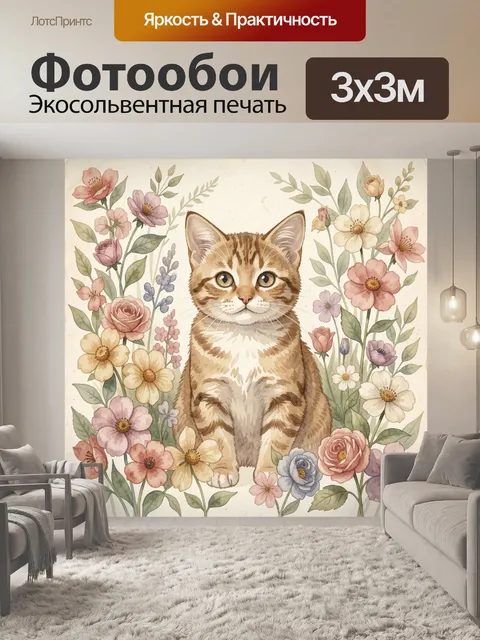 Фотообои Рыжий кот среди полевых цветов