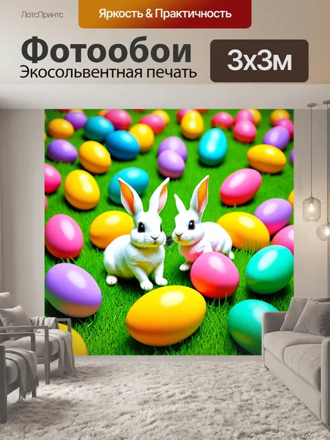 Фотообои животные в стиле флэт, где зайцы бегают среди разноцветных яиц на пасхальном празднике