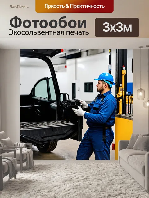 Фотообои грузовик в автосервисе, быстрое устранение неполадок, механик с универсальными инструментами, энергия вокруг