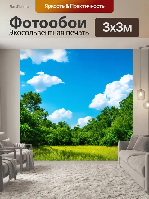Фотообои лес с летним пейзажем и белыми облаками на синем небе