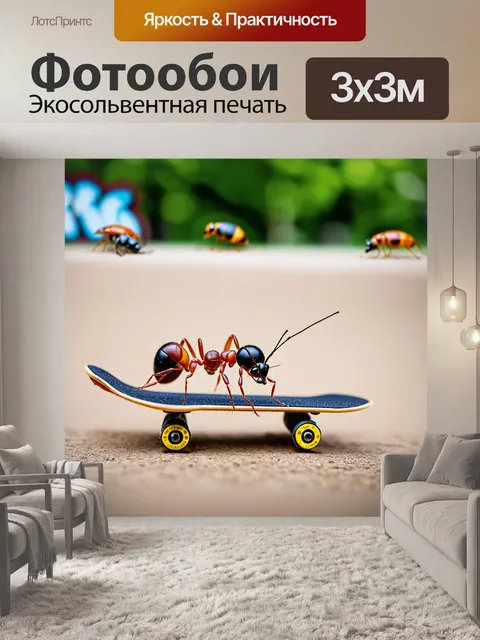 Фотообои муравей, который катается на мини-скейтборде, делая трюки в уличном парке