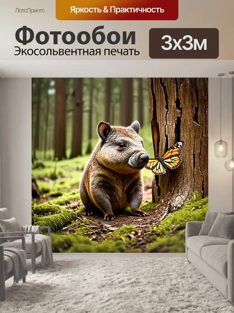 Фотообои вомбат, внимательно наблюдающий за движущейся бабочкой, сидит на старом, потрескавшемся пне в лесу