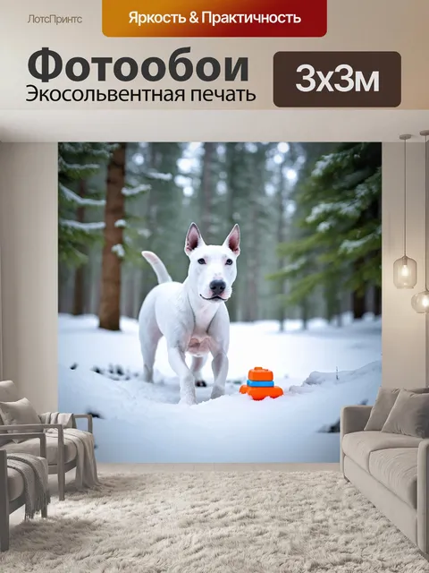Фотообои в заснеженном лесу, белый бультерьер играет в сугробе, увлеченный игрушкой