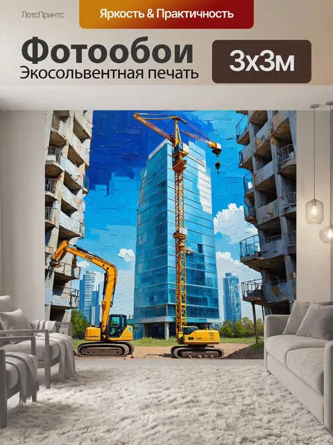 Фотообои стройка нового небоскреба с кранами и рабочими машинами