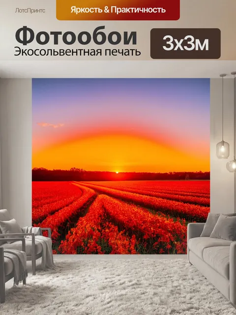 Фотообои живописный закат над полем, где теплые оранжевые и красные восходят в небо
