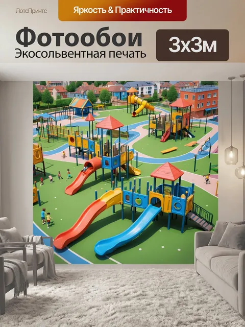 Фотообои город в стиле флэт, изобилующие детскими площадками и зоной для игр, создающими живую атмосферу для семей