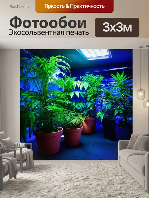 Фотообои пейзаж в стиле киберпанк, яркая комната с настоящими зелеными растениями и окунанием в мир высоких технологий