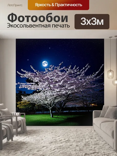 Фотообои ночной вид на цветущие деревья сакуры