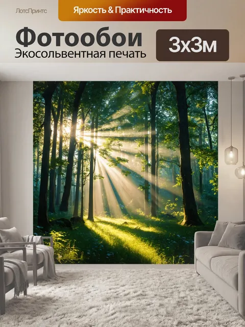 Фотообои рассвет в лесу, где лучи света пробиваются сквозь густые ветви деревьев, создавая волшебную атмосферу