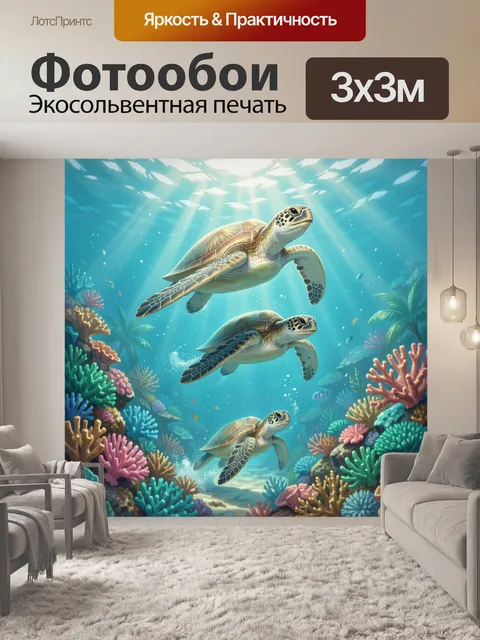 Фотообои Морские черепахи среди кораллов