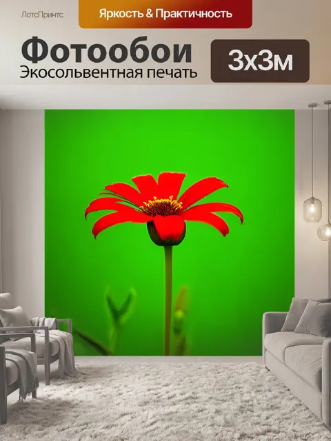 Фотообои красный цветок в ярком зеленом фоне, выделяющийся своей яркостью