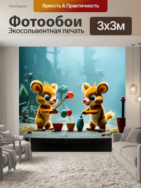 Фотообои туман в стиле маскот, где зверюшки занимаются рукоделием в порядке