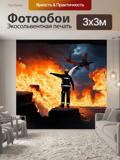Фотообои пожарный, окружённый огненными штормами, стоит на краю обрыва, уверенно направляя струю воды в неукротимый…