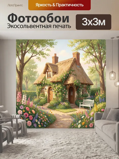 Фотообои Сказочный домик в цветущем саду