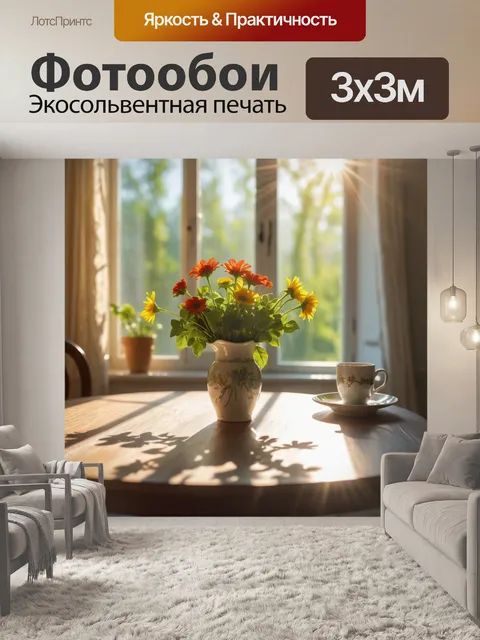 Фотообои с утренней кухней, где яркий солнечный свет проникает через окно на стол