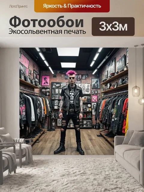 Фотообои город в стиле панк, крутые уличные магазины одежды с уникальными дизайнами и аксессуарами