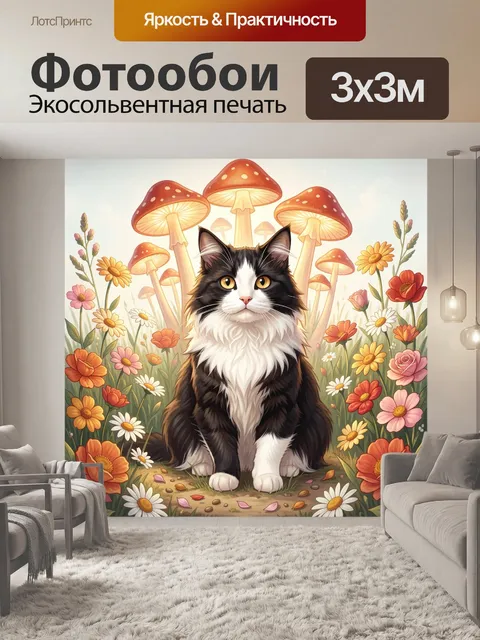 Фотообои Черно-белый кот среди грибов