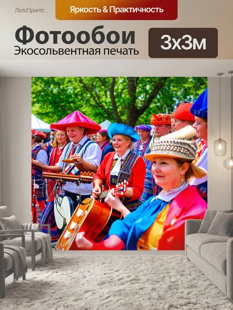 Фотообои россия, народные гулянья на ярмарке, с музыкантами, яркими цветами и радостными лицами людей