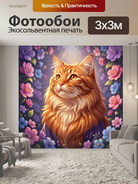 Фотообои Рыжий кот среди цветов