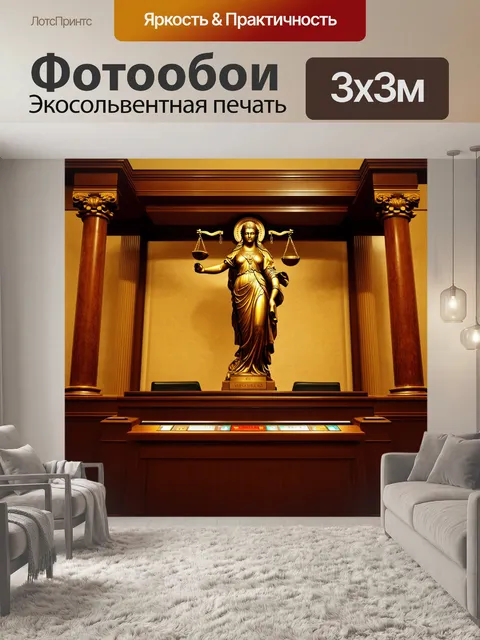 Фотообои аркадный зал суда, украшенный колоннами и резьбой, где акцент на статуи богини правосудия