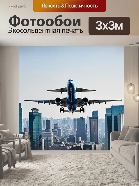 Фотообои самолет на фоне современного городского пейзажа с небоскребами