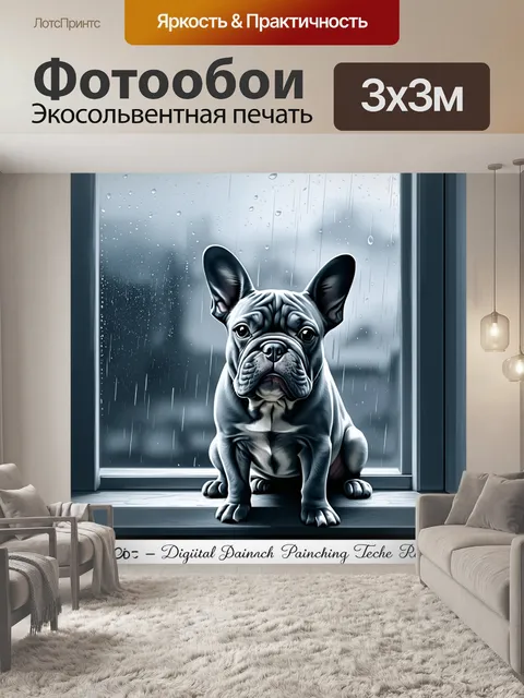 Фотообои французский бульдог, сидящий у окна в дождливый день, с каплями воды на стекле