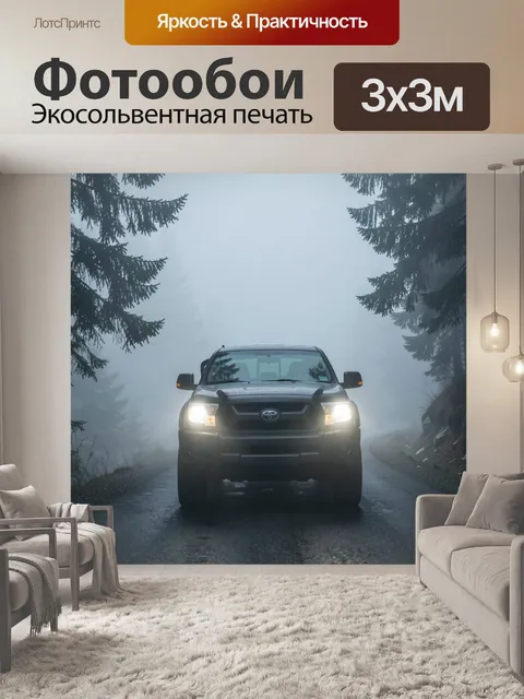 Фотообои Внедорожник в туманном лесу
