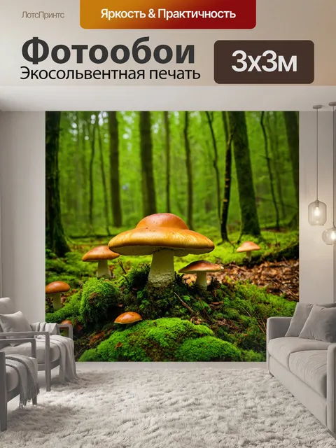Фотообои сказочный лес с огромными грибами, разнообразные оттенки зелёного, загадочные тени