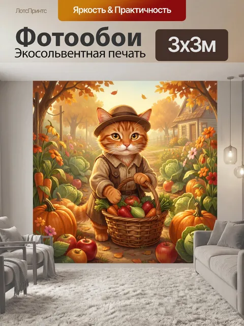 Фотообои Рыжий кот с корзиной урожая