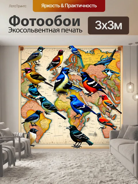 Фотообои птицы из разных уголков мира, собранные в одной композиции на фоне старинной карты мира