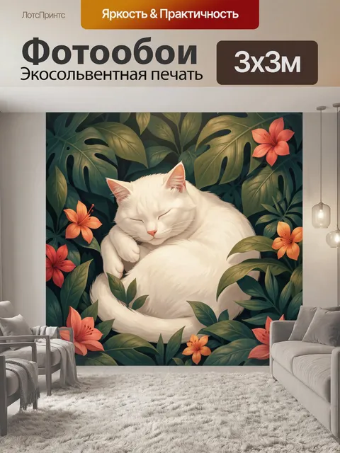 Фотообои Спящий белый кот среди листвы