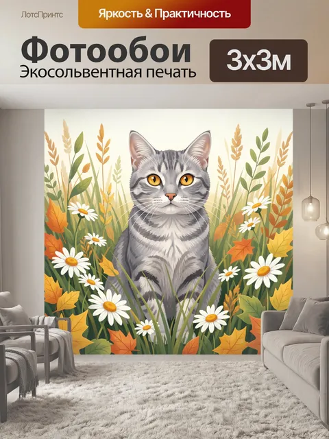 Фотообои Серый кот среди полевых цветов
