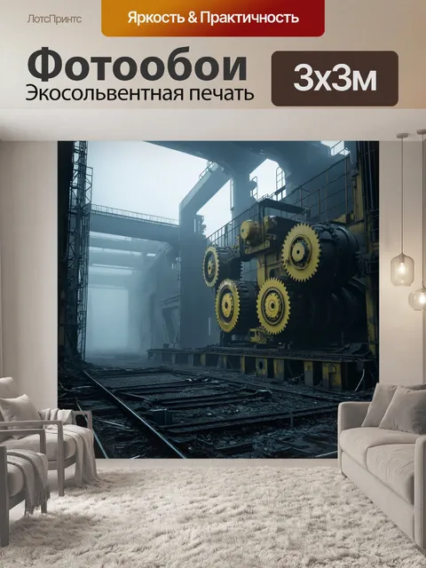 Фотообои туман в стиле ретрофутуризм, огромные механизмы и машины в заброшенной фабрике, окутанные туманом