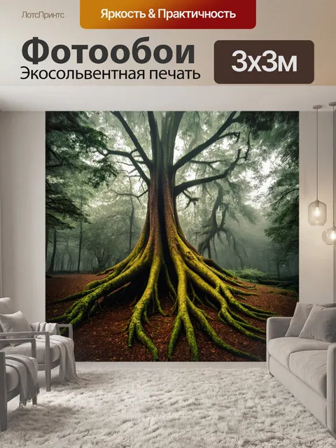 Фотообои древние деревья с мощными корнями, мрачная атмосфера, покрытая туманом