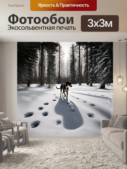 Фотообои описание: гончая, гуляющая по заснеженному лесу, её следы оставляют четкие отпечатки на белом снегу