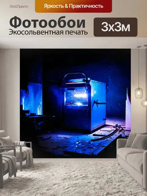 Фотообои главный элемент – массивная сварочная машина, окруженная призрачными тенями от рабочих инструментов