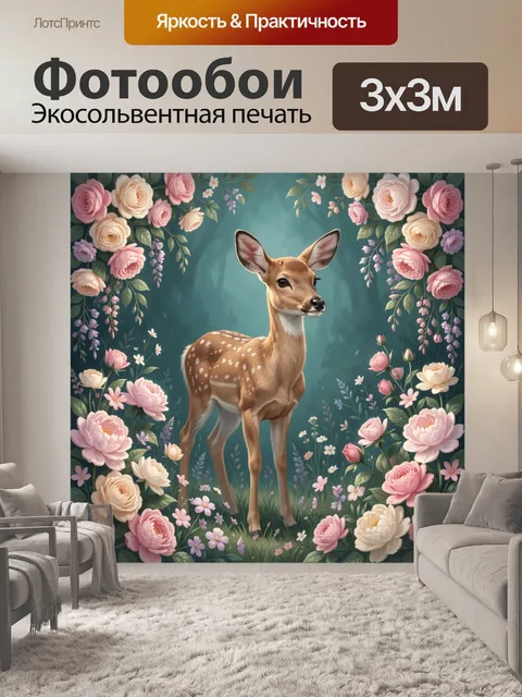Фотообои Оленёнок среди цветов