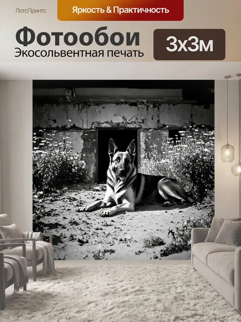 Фотообои на фоне старинного заброшенного здания немецкая овчарка лежит на пыльной земле