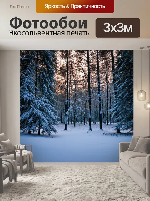 Фотообои зимний вечер в лесу с заснеженными деревьями