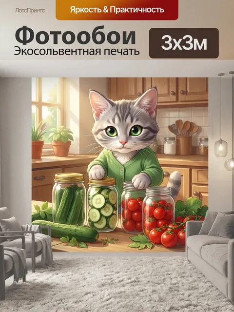 Фотообои Серый кот на кухне с овощами