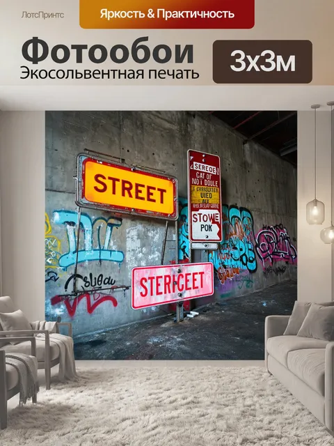 Фотообои лофт, изображающие старые яркие уличные знаки и граффити на фоне бетонных стен, создающие атмосферу…