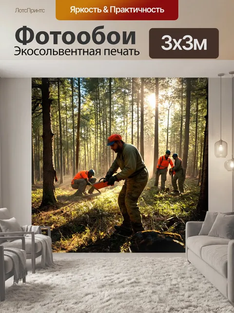 Фотообои ссср пролетарий, работающий в лесу с пилой, окружённый товарищами по работе, с солнечными лучами…