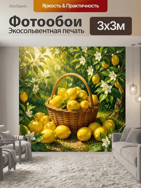 Фотообои Корзина лимонов в цветущем саду