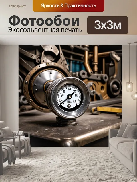Фотообои комплексный вакуумметр, сделанный из стальных сплавов, лежит на столе механического цеха