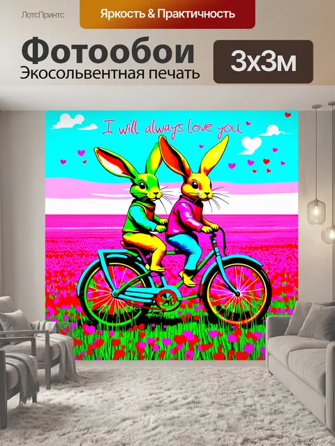 Фотообои два кролика, катающиеся на необычном, несколькими цветами раскрашенном велосипеде, пересекают абстрактное…