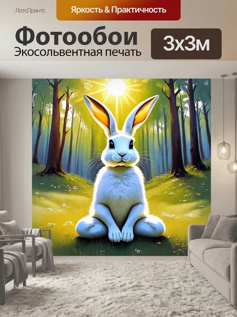 Фотообои заяц медитирует на лесном фоне, его белый мех блестет на ярком солнце