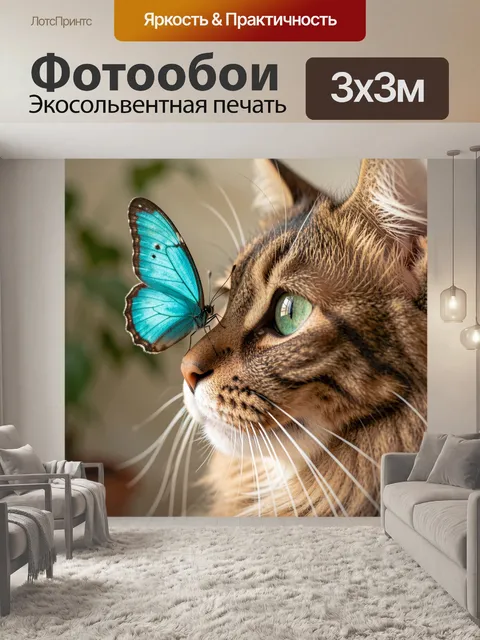 Фотообои Кошка и голубая бабочка