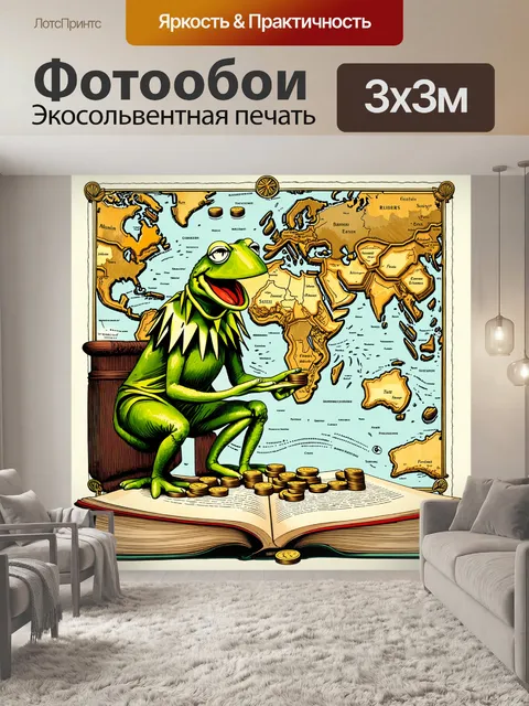 Фотообои на фоне старинной карты мира кермит раскладывает перед собой монеты