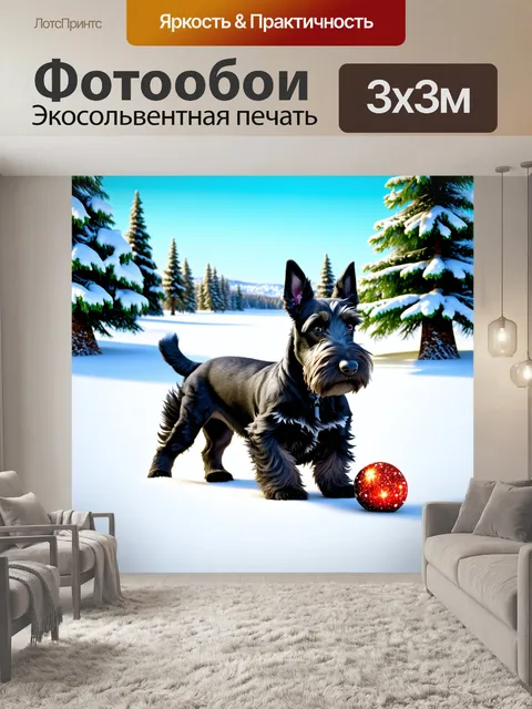 Фотообои шотландский терьер, играющий с мячом в зимнем парке, в окружении снега и сосен