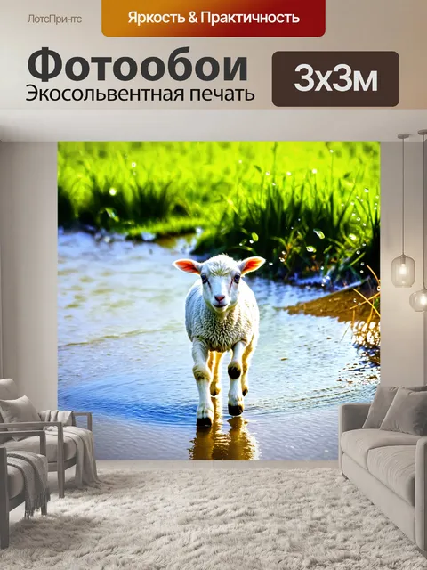 Фотообои ягненок, прогуливающийся по берегу реки, с лучами солнечного света, отражающимися в воде